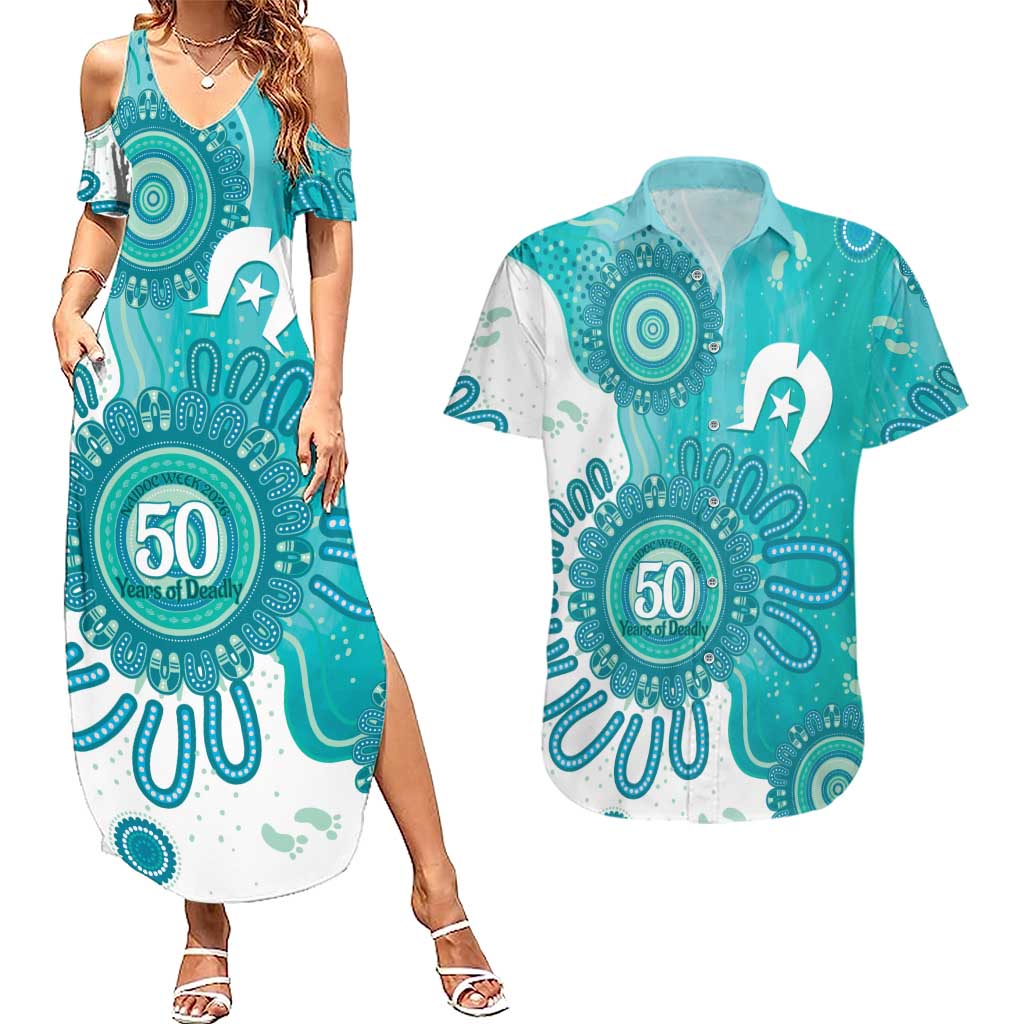 NAIDOC Week 2026 Couples Matching Summer Maxi Dress and Hawaiian Shirt 50 Years Deadly Dhari Cyan Aboriginal Art