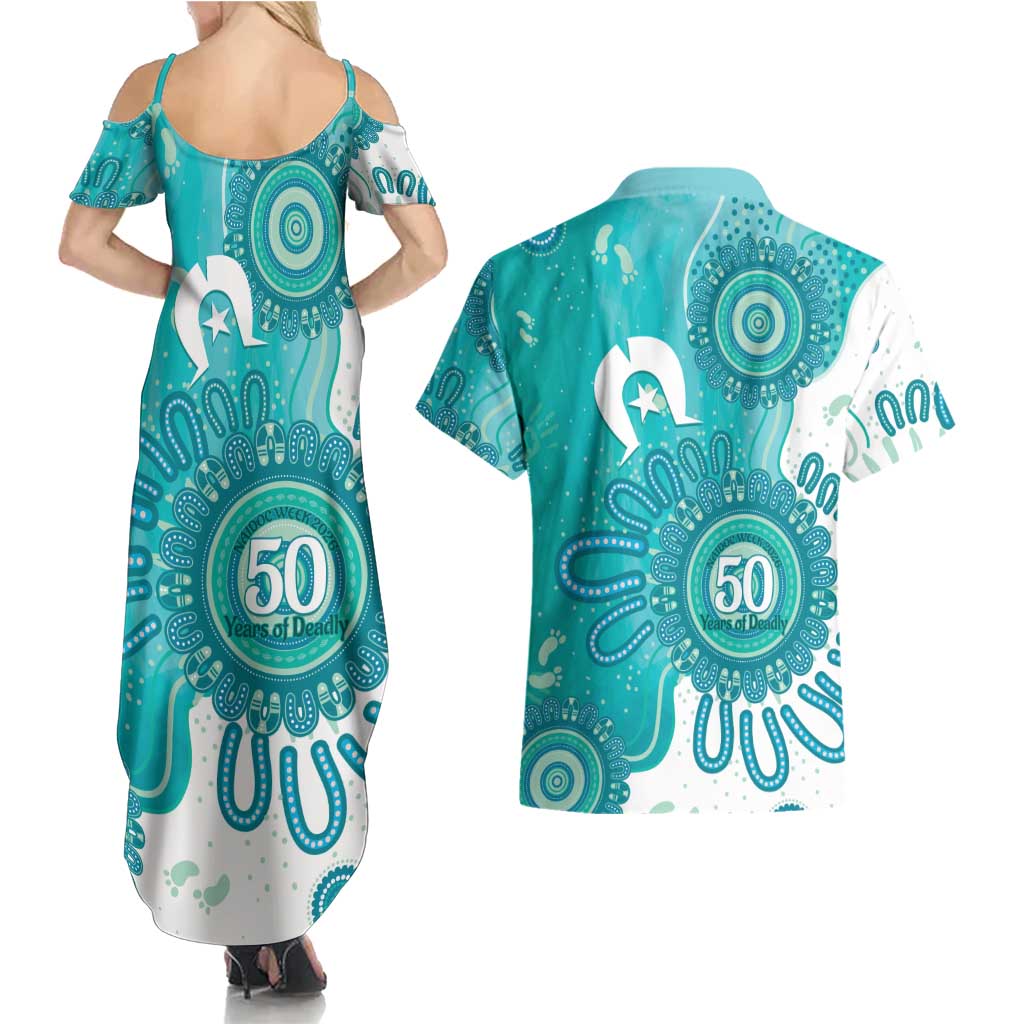 NAIDOC Week 2026 Couples Matching Summer Maxi Dress and Hawaiian Shirt 50 Years Deadly Dhari Cyan Aboriginal Art