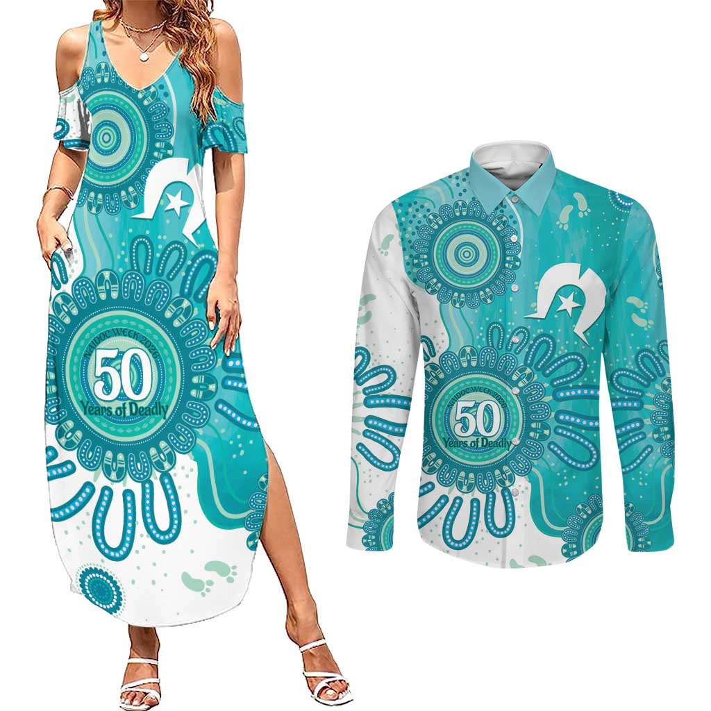 NAIDOC Week 2026 Couples Matching Summer Maxi Dress and Long Sleeve Button Shirt 50 Years Deadly Dhari Cyan Aboriginal Art