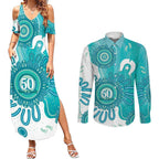 NAIDOC Week 2026 Couples Matching Summer Maxi Dress and Long Sleeve Button Shirt 50 Years Deadly Dhari Cyan Aboriginal Art