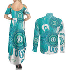 NAIDOC Week 2026 Couples Matching Summer Maxi Dress and Long Sleeve Button Shirt 50 Years Deadly Dhari Cyan Aboriginal Art