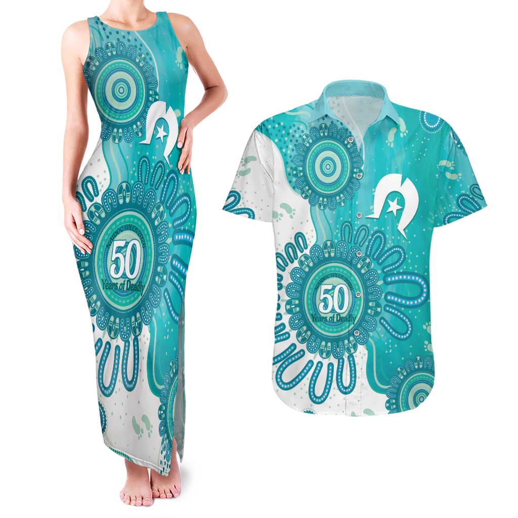 NAIDOC Week 2026 Couples Matching Tank Maxi Dress and Hawaiian Shirt 50 Years Deadly Dhari Cyan Aboriginal Art