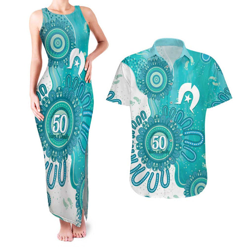 NAIDOC Week 2026 Couples Matching Tank Maxi Dress and Hawaiian Shirt 50 Years Deadly Dhari Cyan Aboriginal Art