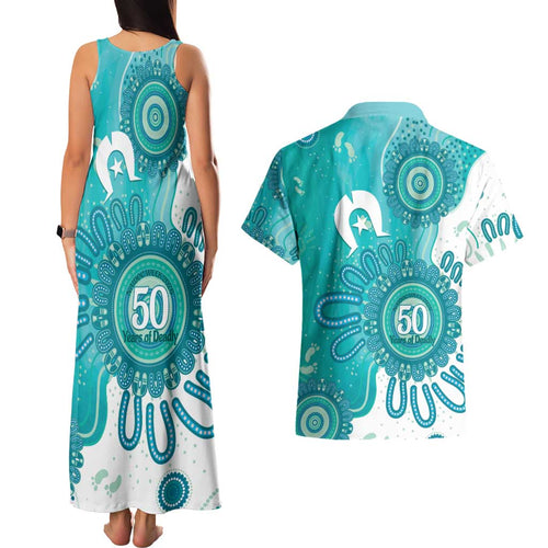 NAIDOC Week 2026 Couples Matching Tank Maxi Dress and Hawaiian Shirt 50 Years Deadly Dhari Cyan Aboriginal Art