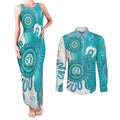 NAIDOC Week 2026 Couples Matching Tank Maxi Dress and Long Sleeve Button Shirt 50 Years Deadly Dhari Cyan Aboriginal Art