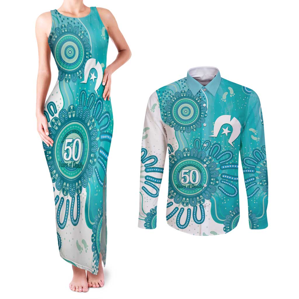 NAIDOC Week 2026 Couples Matching Tank Maxi Dress and Long Sleeve Button Shirt 50 Years Deadly Dhari Cyan Aboriginal Art