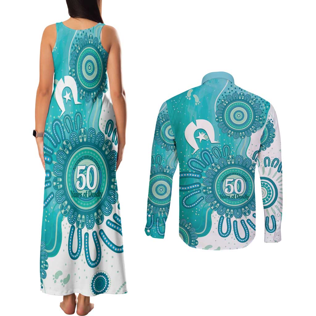 NAIDOC Week 2026 Couples Matching Tank Maxi Dress and Long Sleeve Button Shirt 50 Years Deadly Dhari Cyan Aboriginal Art