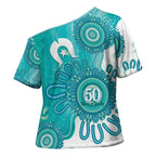 NAIDOC Week 2026 Cross Shoulder Shirt 50 Years Deadly Dhari Cyan Aboriginal Art