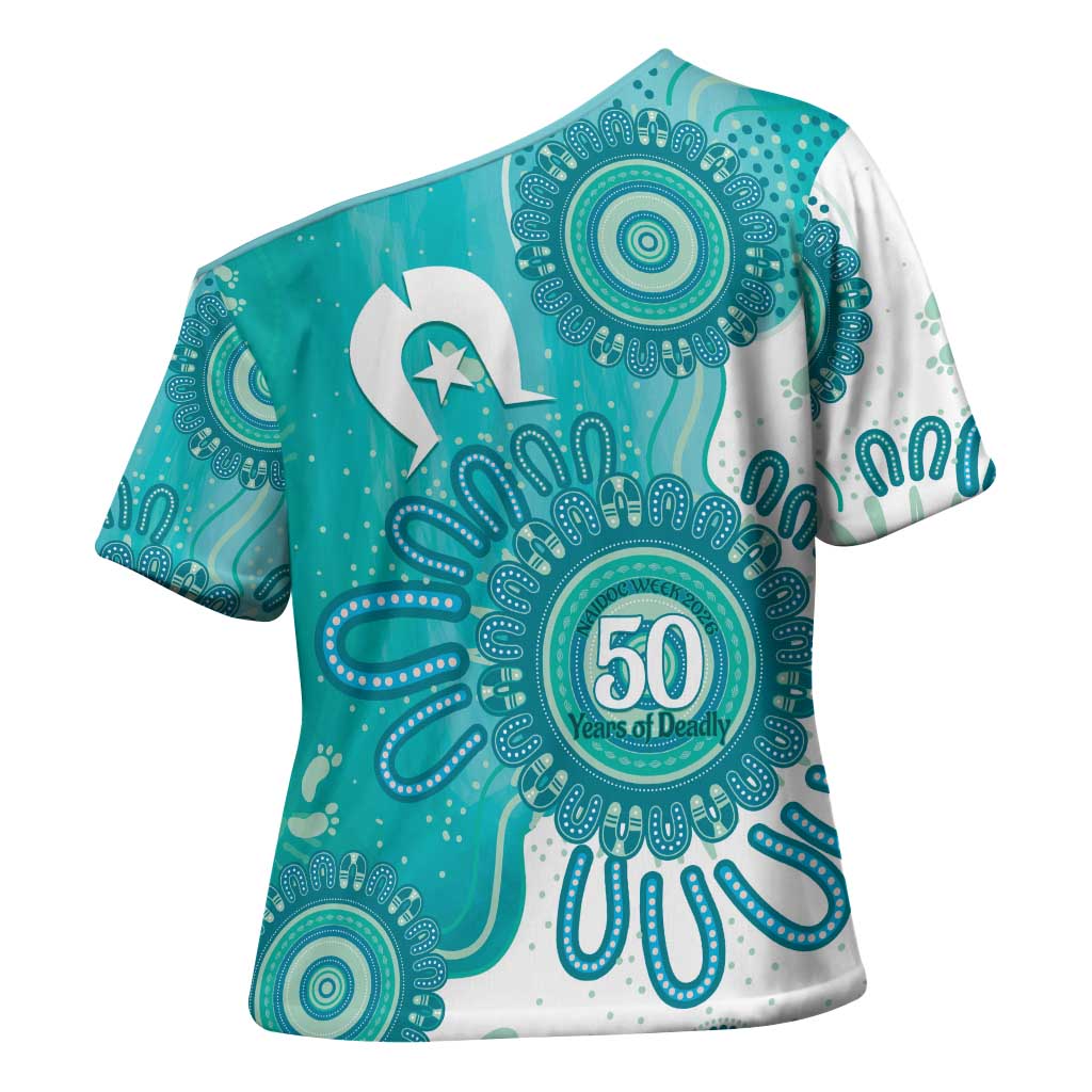 NAIDOC Week 2026 Cross Shoulder Shirt 50 Years Deadly Dhari Cyan Aboriginal Art