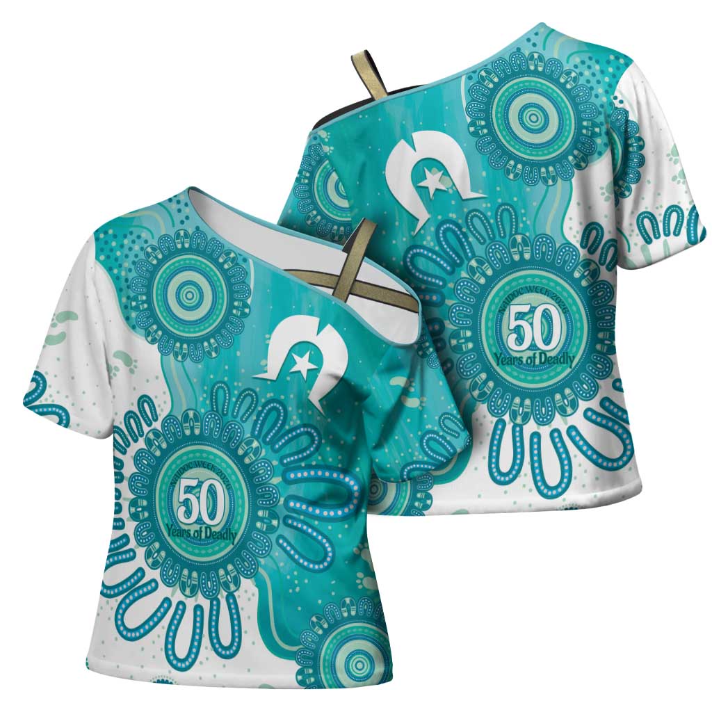NAIDOC Week 2026 Cross Shoulder Shirt 50 Years Deadly Dhari Cyan Aboriginal Art