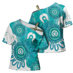 NAIDOC Week 2026 Cross Shoulder Shirt 50 Years Deadly Dhari Cyan Aboriginal Art