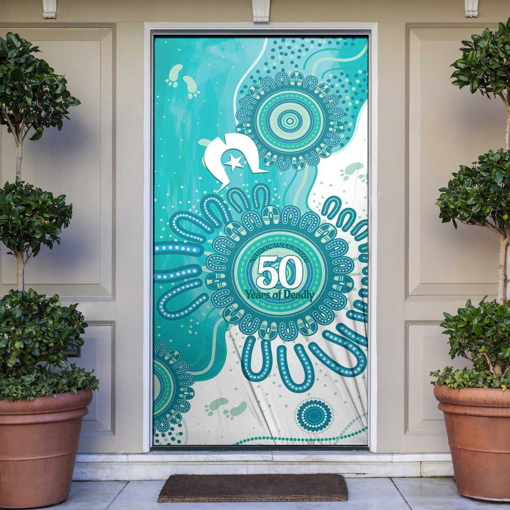 NAIDOC Week 2026 Door Cover 50 Years Deadly Dhari Cyan Aboriginal Art