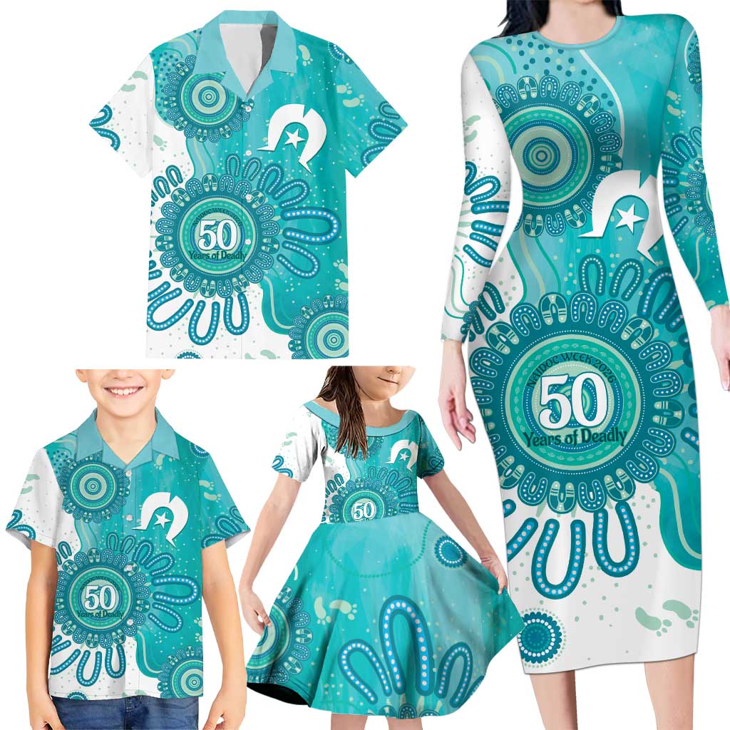 NAIDOC Week 2026 Family Matching Long Sleeve Bodycon Dress and Hawaiian Shirt 50 Years Deadly Dhari Cyan Aboriginal Art