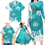 NAIDOC Week 2026 Family Matching Long Sleeve Bodycon Dress and Hawaiian Shirt 50 Years Deadly Dhari Cyan Aboriginal Art