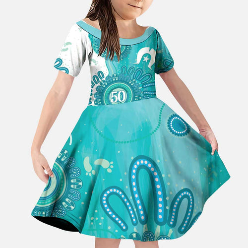 NAIDOC Week 2026 Family Matching Long Sleeve Bodycon Dress and Hawaiian Shirt 50 Years Deadly Dhari Cyan Aboriginal Art