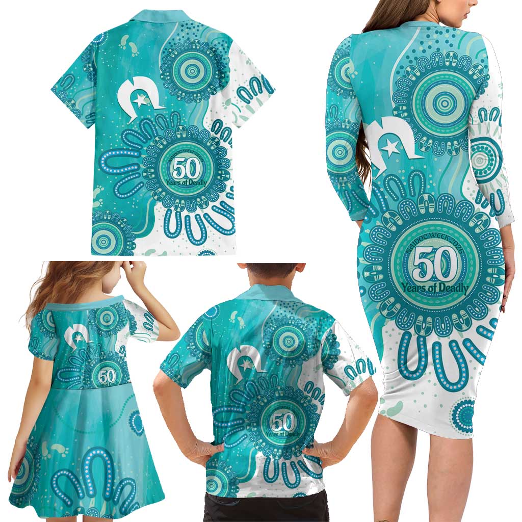 NAIDOC Week 2026 Family Matching Long Sleeve Bodycon Dress and Hawaiian Shirt 50 Years Deadly Dhari Cyan Aboriginal Art