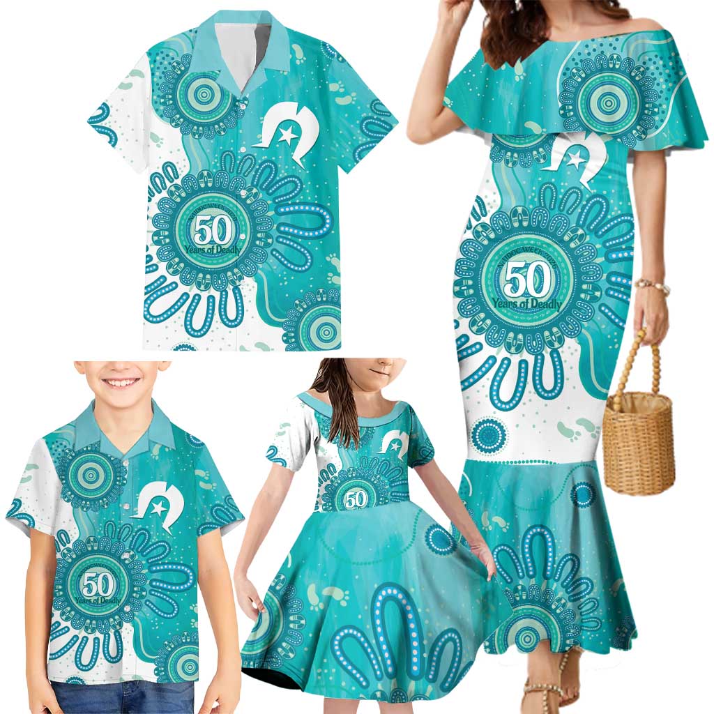NAIDOC Week 2026 Family Matching Mermaid Dress and Hawaiian Shirt 50 Years Deadly Dhari Cyan Aboriginal Art