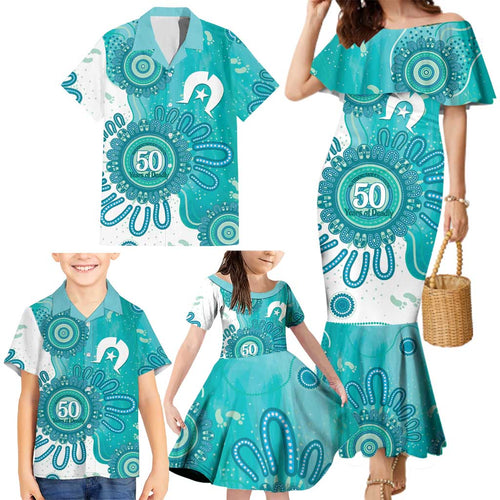 NAIDOC Week 2026 Family Matching Mermaid Dress and Hawaiian Shirt 50 Years Deadly Dhari Cyan Aboriginal Art