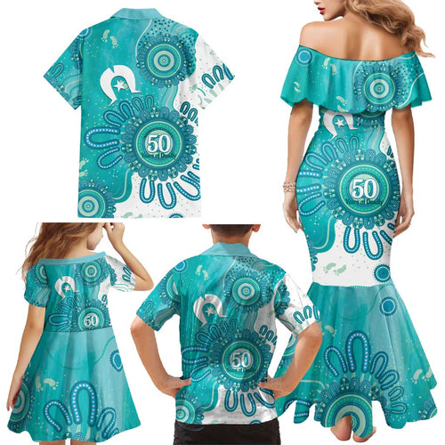 NAIDOC Week 2026 Family Matching Mermaid Dress and Hawaiian Shirt 50 Years Deadly Dhari Cyan Aboriginal Art