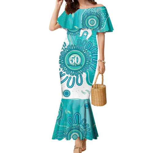 NAIDOC Week 2026 Family Matching Mermaid Dress and Hawaiian Shirt 50 Years Deadly Dhari Cyan Aboriginal Art