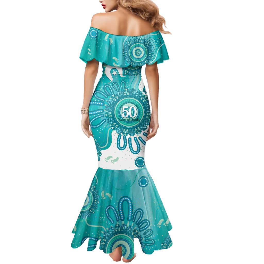 NAIDOC Week 2026 Family Matching Mermaid Dress and Hawaiian Shirt 50 Years Deadly Dhari Cyan Aboriginal Art