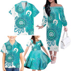 NAIDOC Week 2026 Family Matching Off The Shoulder Long Sleeve Dress and Hawaiian Shirt 50 Years Deadly Dhari Cyan Aboriginal Art
