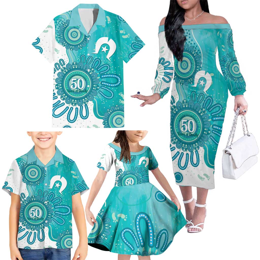 NAIDOC Week 2026 Family Matching Off The Shoulder Long Sleeve Dress and Hawaiian Shirt 50 Years Deadly Dhari Cyan Aboriginal Art