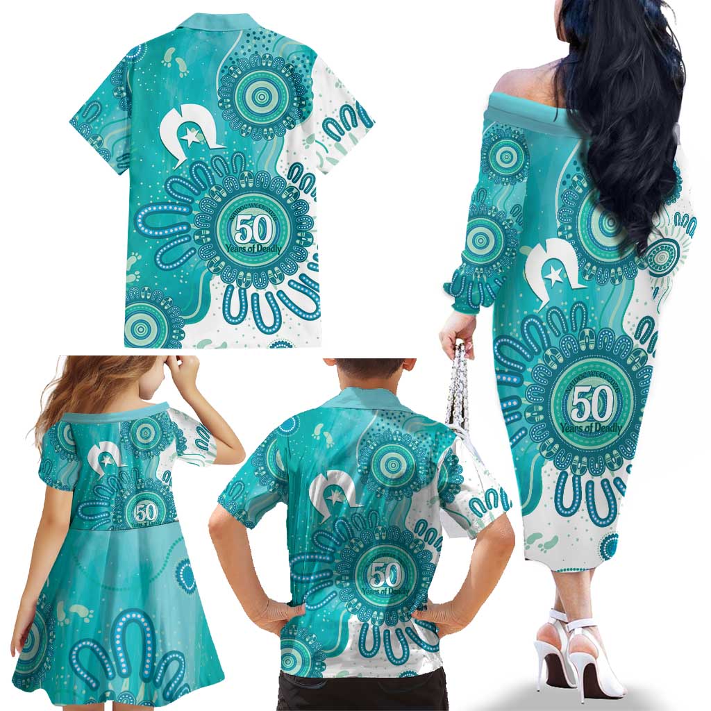 NAIDOC Week 2026 Family Matching Off The Shoulder Long Sleeve Dress and Hawaiian Shirt 50 Years Deadly Dhari Cyan Aboriginal Art