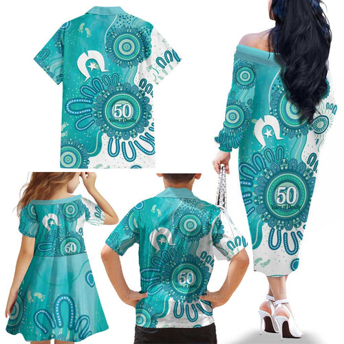 NAIDOC Week 2026 Family Matching Off The Shoulder Long Sleeve Dress and Hawaiian Shirt 50 Years Deadly Dhari Cyan Aboriginal Art