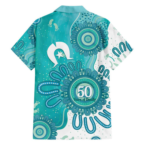 NAIDOC Week 2026 Family Matching Off The Shoulder Long Sleeve Dress and Hawaiian Shirt 50 Years Deadly Dhari Cyan Aboriginal Art