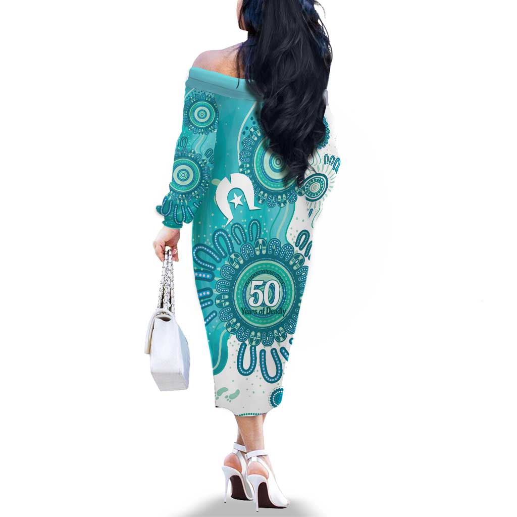 NAIDOC Week 2026 Family Matching Off The Shoulder Long Sleeve Dress and Hawaiian Shirt 50 Years Deadly Dhari Cyan Aboriginal Art