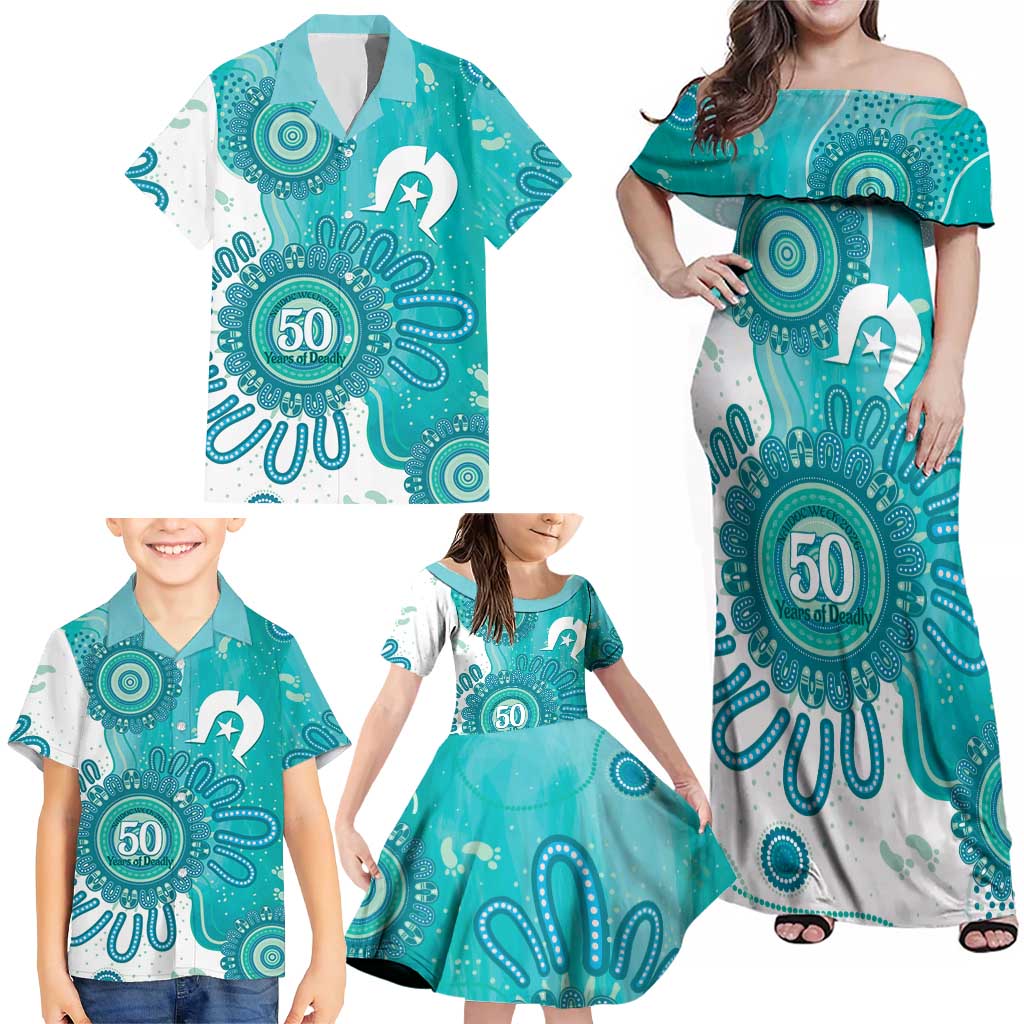 NAIDOC Week 2026 Family Matching Off Shoulder Maxi Dress and Hawaiian Shirt 50 Years Deadly Dhari Cyan Aboriginal Art