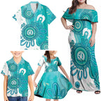 NAIDOC Week 2026 Family Matching Off Shoulder Maxi Dress and Hawaiian Shirt 50 Years Deadly Dhari Cyan Aboriginal Art