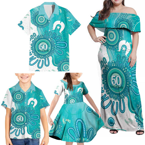 NAIDOC Week 2026 Family Matching Off Shoulder Maxi Dress and Hawaiian Shirt 50 Years Deadly Dhari Cyan Aboriginal Art