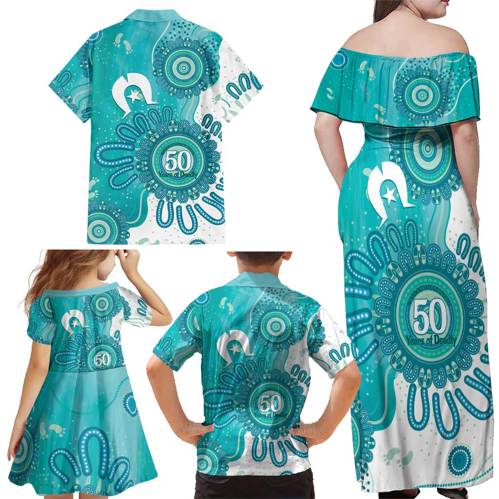 NAIDOC Week 2026 Family Matching Off Shoulder Maxi Dress and Hawaiian Shirt 50 Years Deadly Dhari Cyan Aboriginal Art