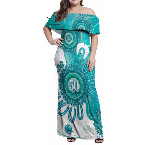 NAIDOC Week 2026 Family Matching Off Shoulder Maxi Dress and Hawaiian Shirt 50 Years Deadly Dhari Cyan Aboriginal Art