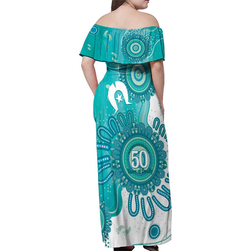 NAIDOC Week 2026 Family Matching Off Shoulder Maxi Dress and Hawaiian Shirt 50 Years Deadly Dhari Cyan Aboriginal Art
