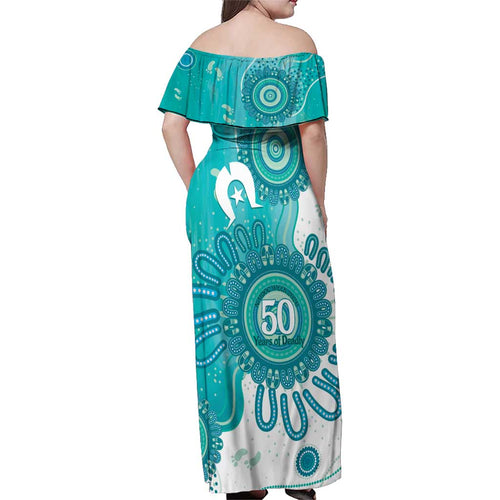NAIDOC Week 2026 Family Matching Off Shoulder Maxi Dress and Hawaiian Shirt 50 Years Deadly Dhari Cyan Aboriginal Art