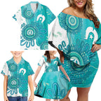 NAIDOC Week 2026 Family Matching Off Shoulder Short Dress and Hawaiian Shirt 50 Years Deadly Dhari Cyan Aboriginal Art
