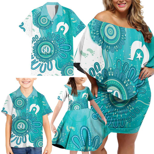 NAIDOC Week 2026 Family Matching Off Shoulder Short Dress and Hawaiian Shirt 50 Years Deadly Dhari Cyan Aboriginal Art
