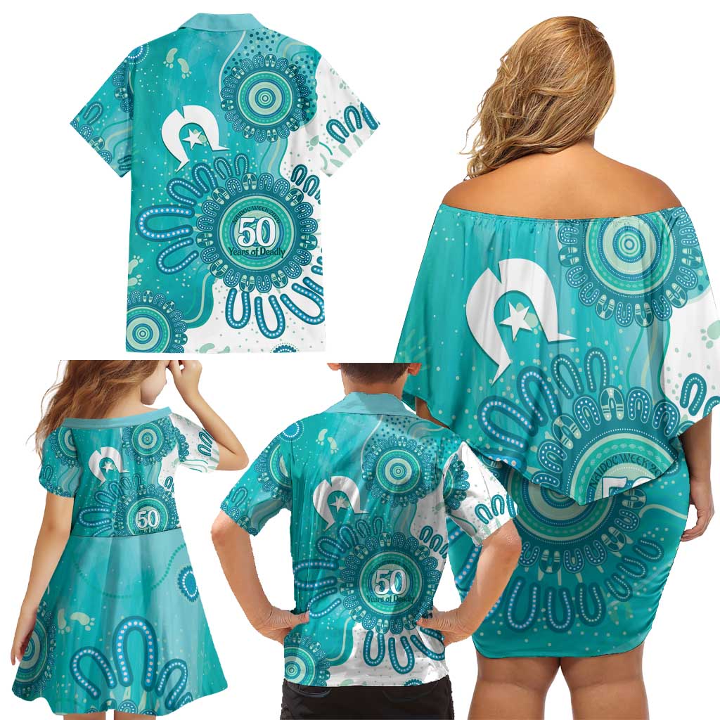 NAIDOC Week 2026 Family Matching Off Shoulder Short Dress and Hawaiian Shirt 50 Years Deadly Dhari Cyan Aboriginal Art