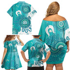 NAIDOC Week 2026 Family Matching Off Shoulder Short Dress and Hawaiian Shirt 50 Years Deadly Dhari Cyan Aboriginal Art