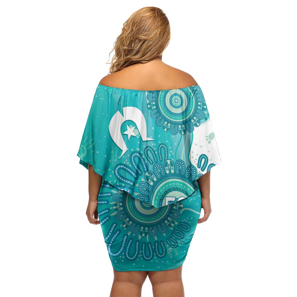 NAIDOC Week 2026 Family Matching Off Shoulder Short Dress and Hawaiian Shirt 50 Years Deadly Dhari Cyan Aboriginal Art