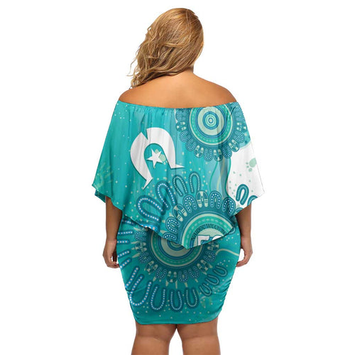 NAIDOC Week 2026 Family Matching Off Shoulder Short Dress and Hawaiian Shirt 50 Years Deadly Dhari Cyan Aboriginal Art