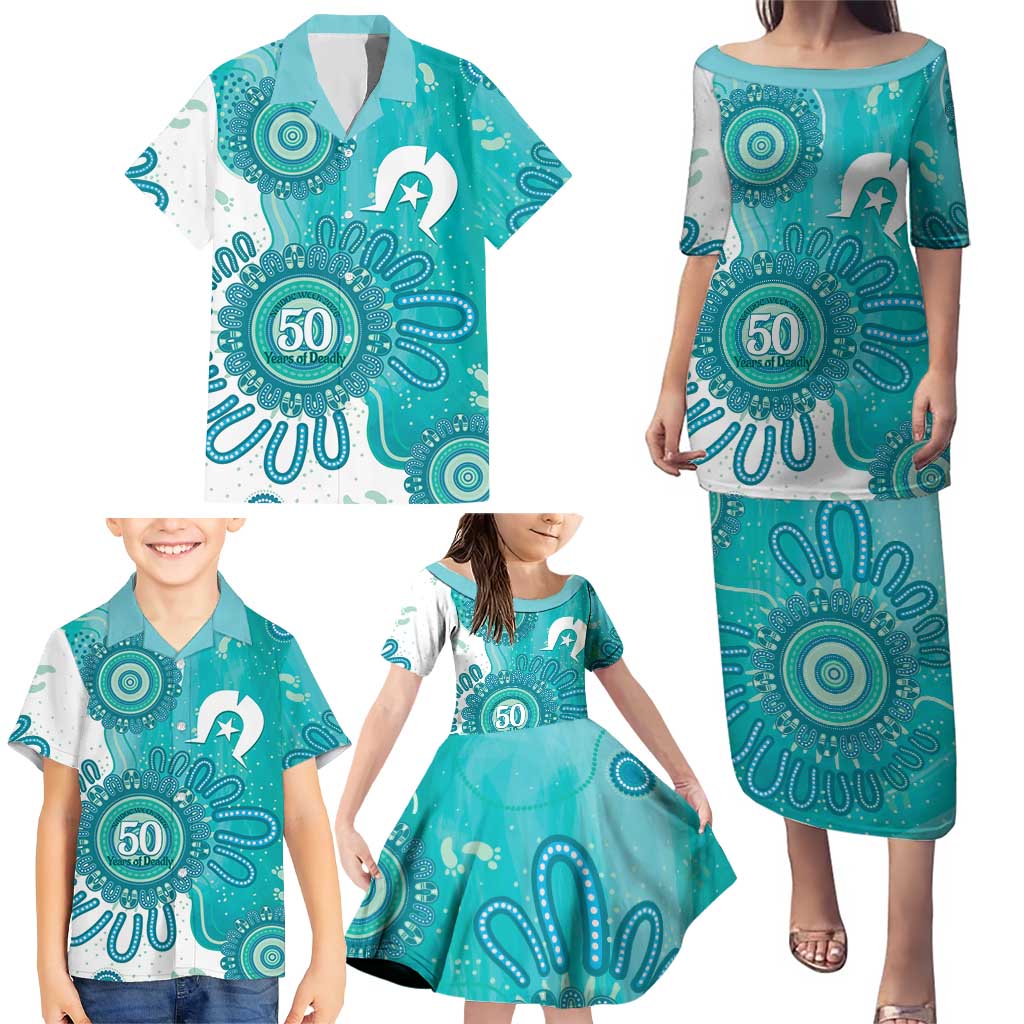 NAIDOC Week 2026 Family Matching Puletasi and Hawaiian Shirt 50 Years Deadly Dhari Cyan Aboriginal Art