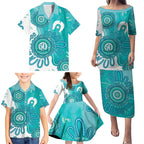 NAIDOC Week 2026 Family Matching Puletasi and Hawaiian Shirt 50 Years Deadly Dhari Cyan Aboriginal Art