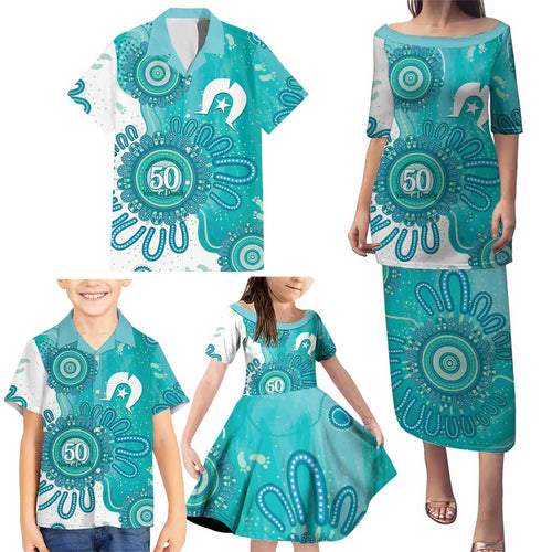 NAIDOC Week 2026 Family Matching Puletasi and Hawaiian Shirt 50 Years Deadly Dhari Cyan Aboriginal Art