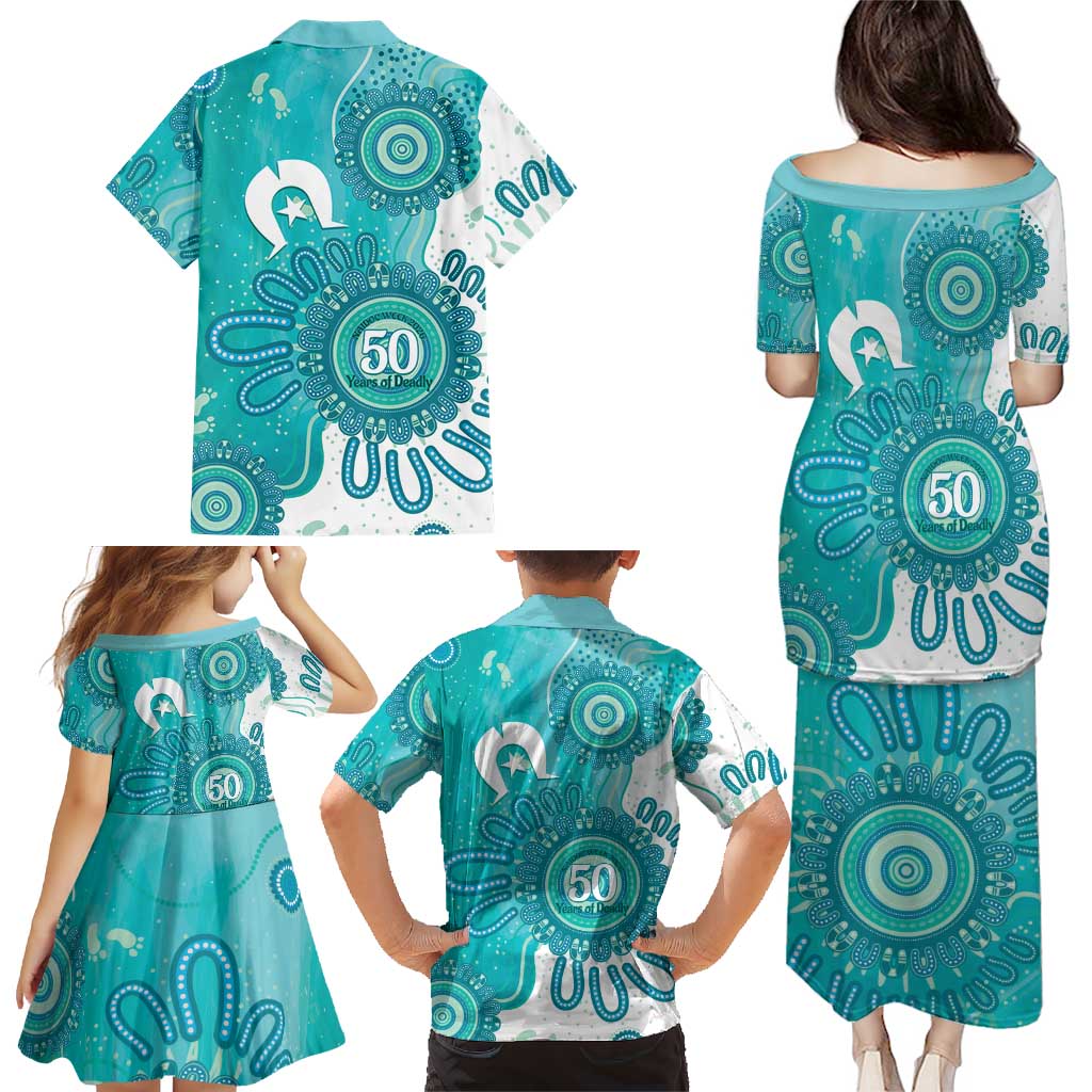 NAIDOC Week 2026 Family Matching Puletasi and Hawaiian Shirt 50 Years Deadly Dhari Cyan Aboriginal Art