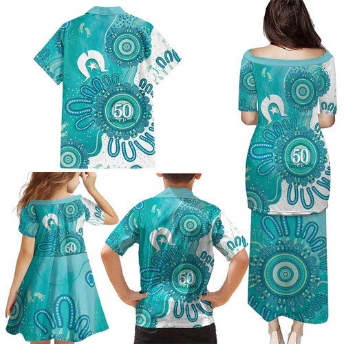 NAIDOC Week 2026 Family Matching Puletasi and Hawaiian Shirt 50 Years Deadly Dhari Cyan Aboriginal Art