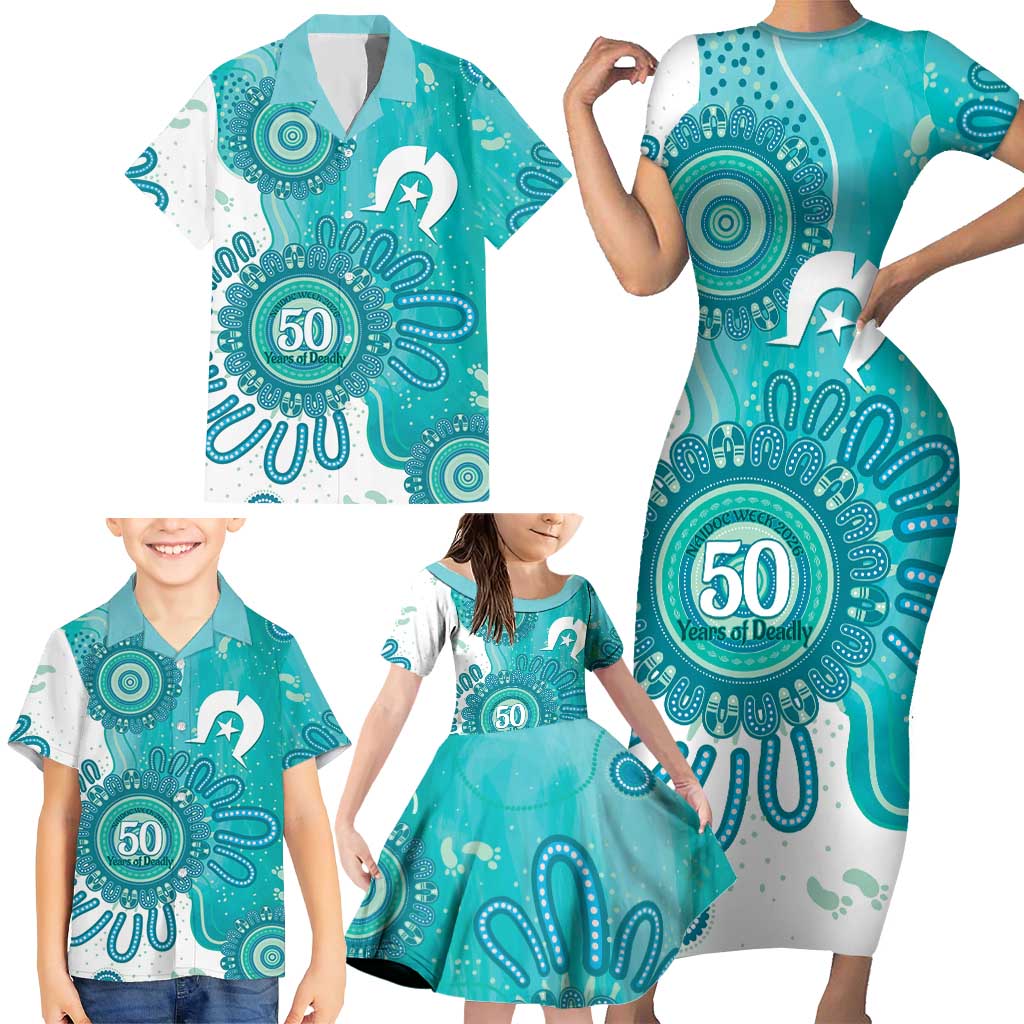 NAIDOC Week 2026 Family Matching Short Sleeve Bodycon Dress and Hawaiian Shirt 50 Years Deadly Dhari Cyan Aboriginal Art
